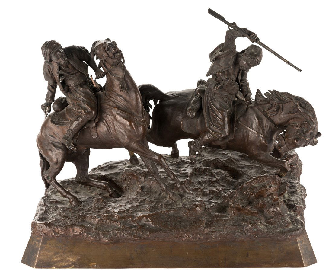 VASILY YAKOVLEVICH GRACHEV (RUSSIAN 1831-1905): VASILY YAKOVLEVICH GRACHEV (RUSSIAN 1831-1905) Galloping Circassians, bronze with medium brown patina height: 37 cm (14 1/2 in.) signed and inscribed with Woerffel Foundry mark on base PROVENANCE Priv