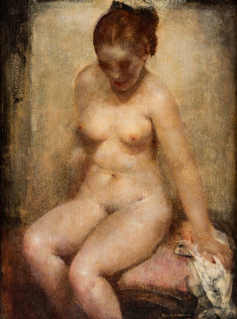 GRIGORY GLUCKMANN (RUSSIAN 1898-1973): GRIGORY GLUCKMANN (RUSSIAN 1898-1973) Seated Nude with a Black Ribbon in her Hair, oil on panel 42 x 32 cm (16 1/2 x 12 5/8 in.) signed lower right PROVENANCE Dalzell Hatfield Galleries, Los Angeles
