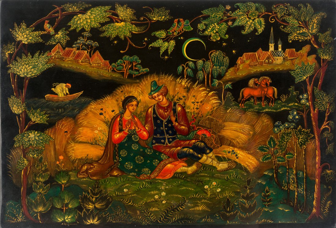 A SOVIET RUSSIAN LACQUERWARE PLAQUE FEATURING PEDDLERS, (1 of 2)