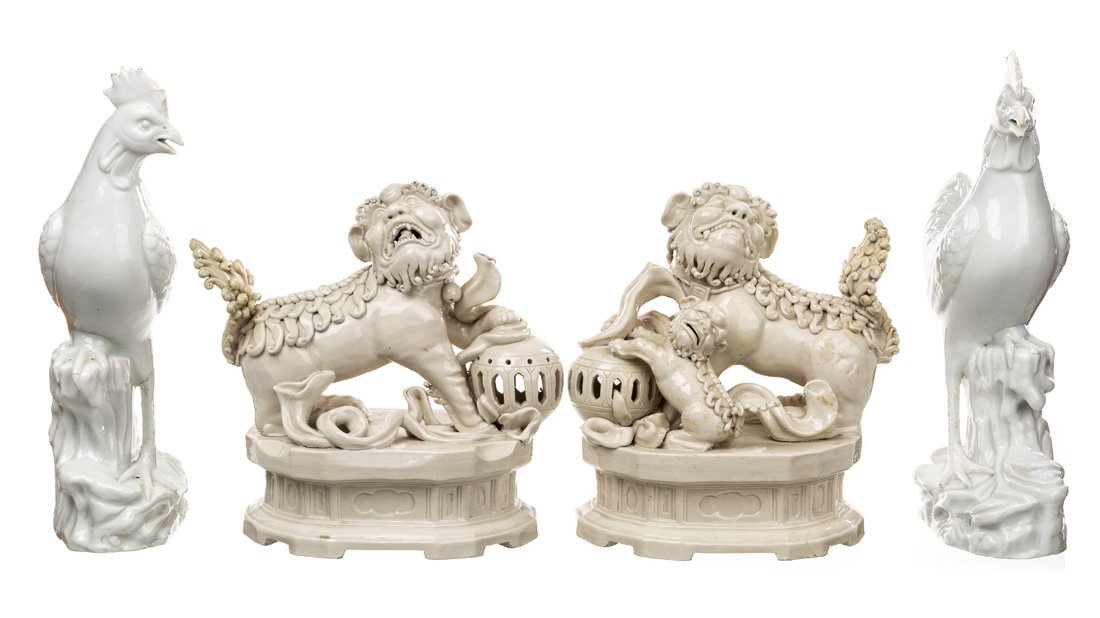 A BLANC-DE-CHINE GROUP OF TWO LIONS AND TWO ROOSTERS (1 of 5)