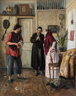 MIKHAIL EMILIANOVICH VATUTIN (RUSSIAN 1860-1930): MIKHAIL EMILIANOVICH VATUTIN (RUSSIAN 1860-1930) The Pawnbroker, 1896 oil on canvas 66.5 x 53.2 cm (26 1/4 x 21 in.) signed and dated lower right LOT NOTESIn 1896, Mikhail Vatutin, then a student at t