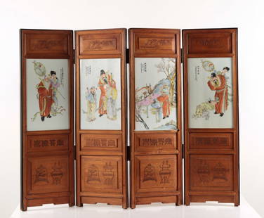 CHINESE FOUR PLAQUE PORCELAIN SCREEN REPUBLIC PERIOD: Chinese Republic Period porcelain four panel paintings were created in 1941 by Huang Liying (20th c.), Very good Rosewood - Huanghuali wood carving frame with bamboo 46.5" x 36.5" inches overall 15"