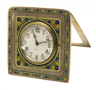 Antique Tiffany Silver and Enamel Travel Clock: Antique Tiffany Silver and Enamel Travel Clock - Size 3.5" x 3.5"