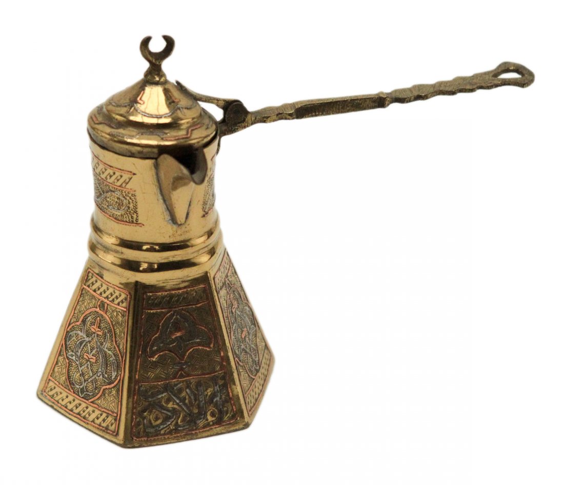 Turkish Brass Silver and Copper Inlay Coffee Pot: Turkish Brass Silver and Copper Inlay Coffee Pot: Size 5.75" H