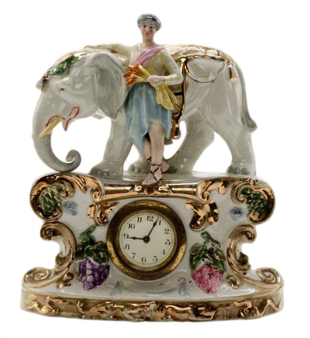 German Porcelain Mantel Clock Case Figurine Elephant: German Porcelain Mantel Clock Case Figurine Elephant - Size 10" H 9" L 3" D