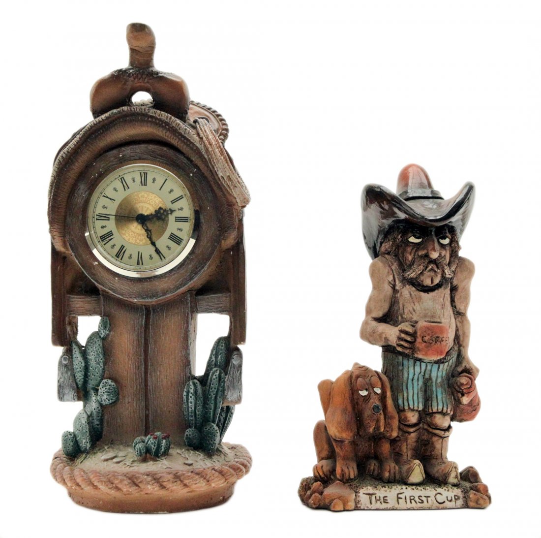 Vintage Cowboy and Horse Saddle Shelf Table Clock: Vintage Plaster Cowboy and Horse Saddle Shelf Table Clock - Size 14" x 6"