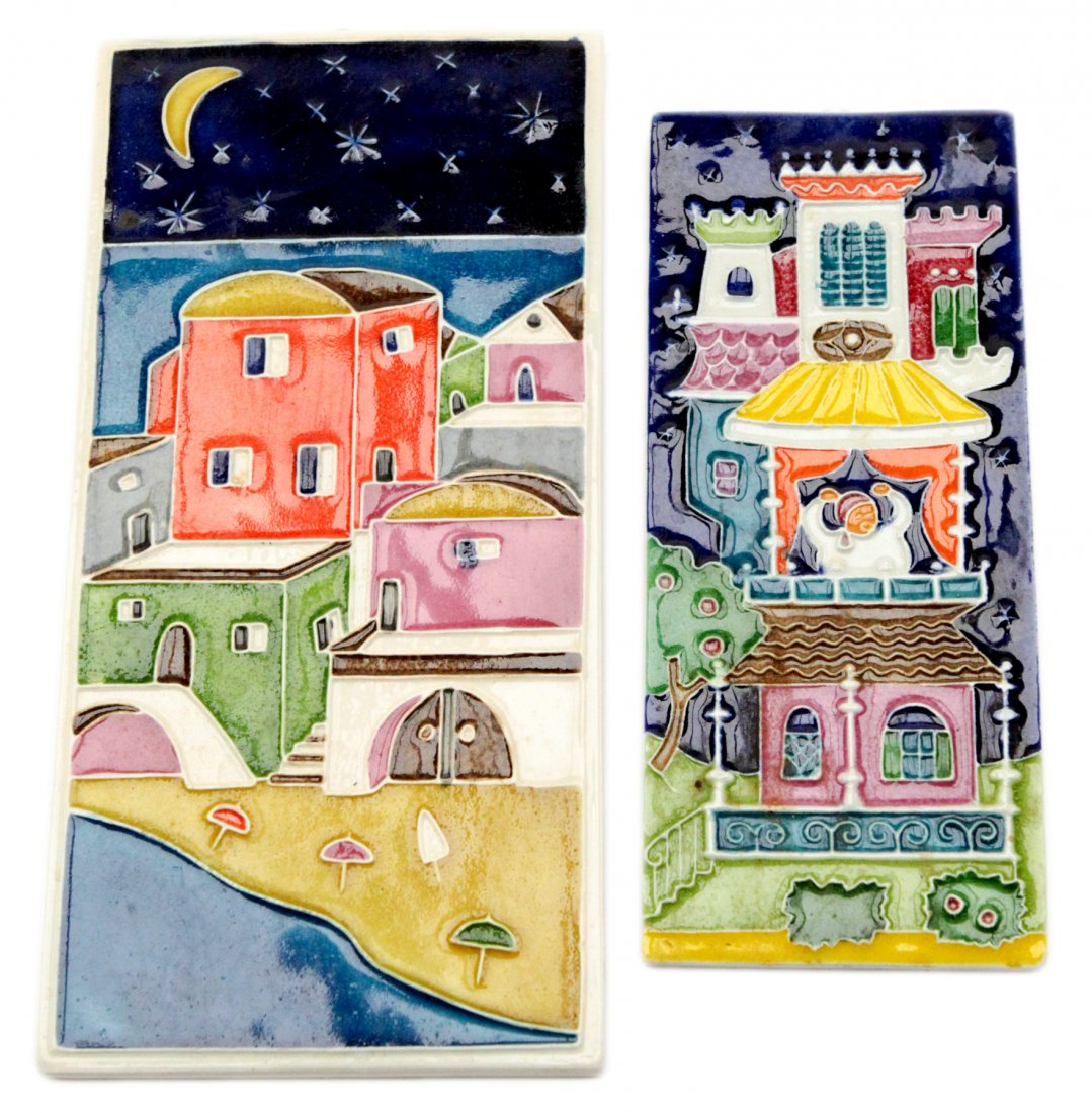 Pair of Creazioni Luciano Italian Ceramic Souvenir Tile: Creazioni Luciano Italian Ceramic Souvenir Tiles - Size (1) 9" x 4.25" (2) 7.5" x 3.25"