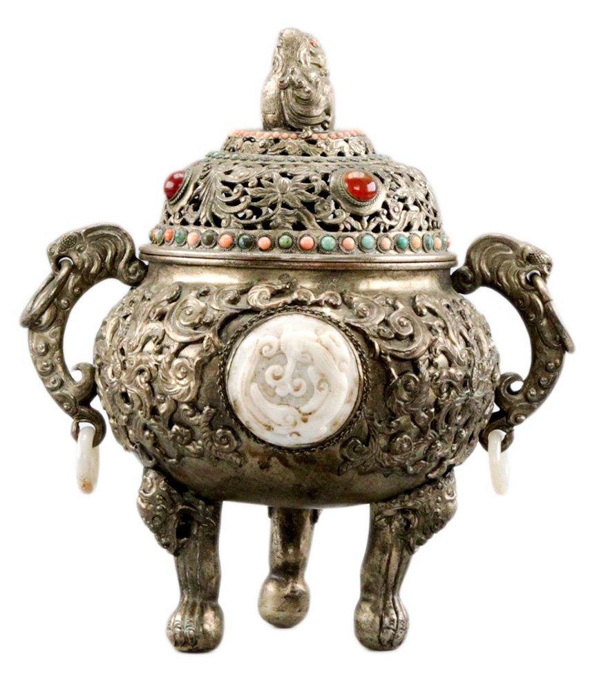 Tibetan Copper Silvered Gemstone Censer Burner: Tibetan Copper Silvered Gemstone Censer Burner / Size: 10.75" x 9.75"