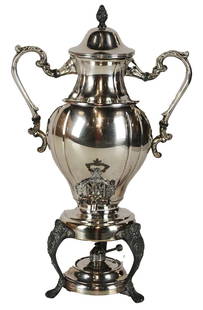 Art Nouveau Large Silver plated Samovar Teapot / coffee urn with warmer burner: Art Nouveau Large Silver plated Samovar Teapot / coffee urn with warmer burner / size: 20 x 12 x 9 in / 7 lbs Our auction will feature a dedicated chat room, accessible independently of our main