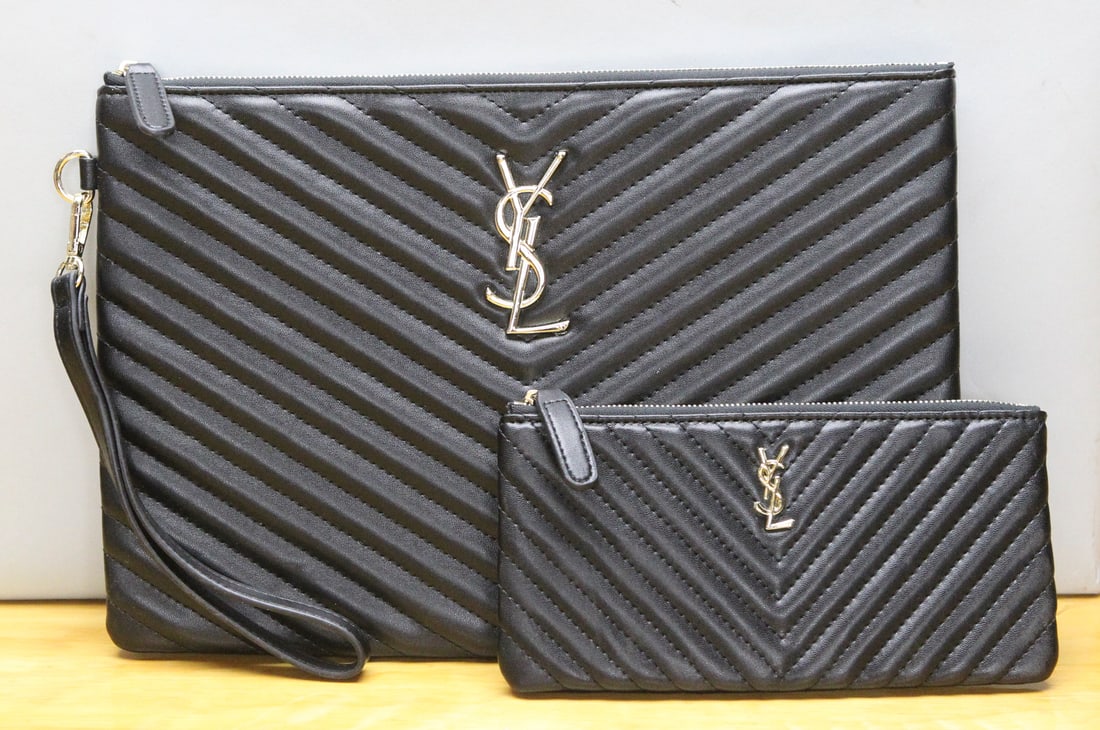 Yves Saint Laurent Quilted Monogram Clutch Bag and Pouch (1 of 4)