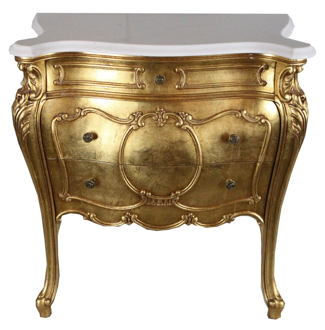 Vintage Daniel Jones French Louis XV Style Gold Bombe Marble-Top Nightstand: Vintage Daniel Jones French Louis XV Style Gold Bombe Marble-Top Nightstand Size: H29 x W28 xD16 in. Wood and marble. Stunning Vintage Daniel Jones French Louis XV Style Gold Bombe Marble-Top Nightsta