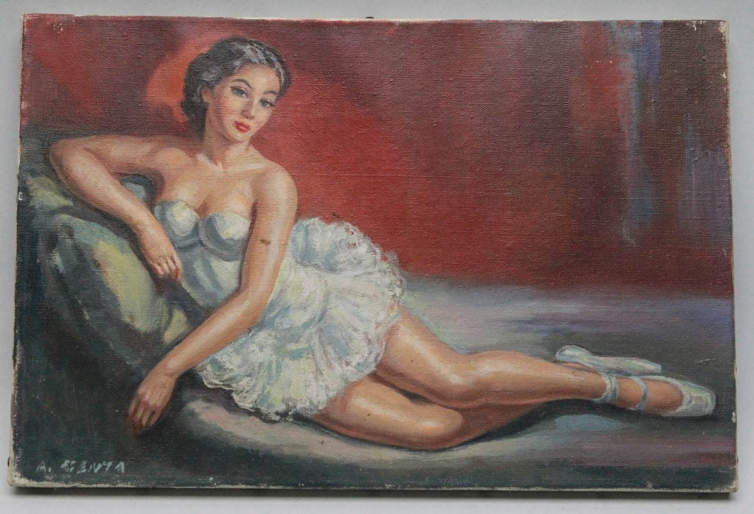 Ballerina at Rest by Albert Genta, 1901-1989: Ballerina at Rest by Albert Genta, 1901-1989 Size:10.5 x 16 in Medium: Oil on Canvas Years: 1901 - 1989 Exact year unknown. This painting features a ballerina resting, capturing a moment of repose. Th