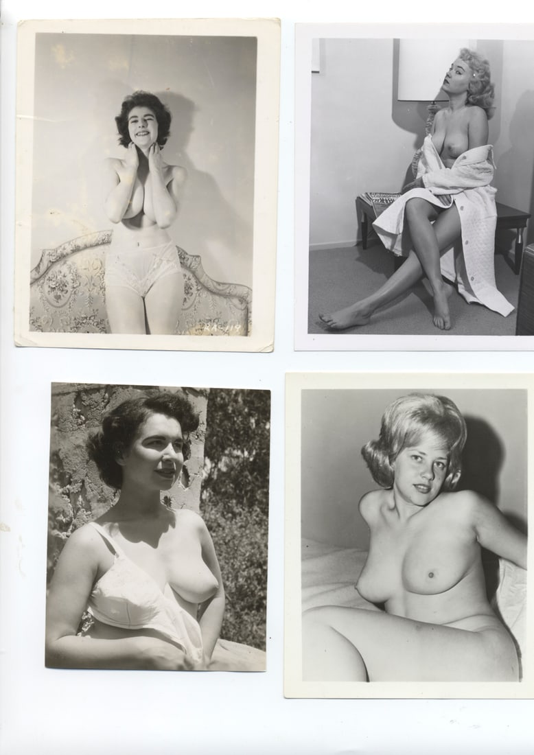 Lot of 4 Vintage Nude Model Original Photos, 1950's: Lot of 4 Vintage Nude Model Original Photos, 1950's 4 x 5 in, black and white, glossy finish. Bust-oriented models comfortable in their skin posing in desirable fashion for the camera. 1950's. Our auc