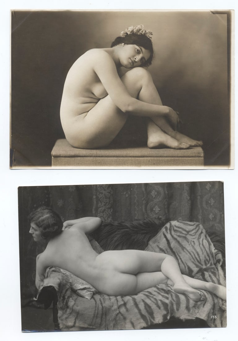 Lot of 2 Vintage Nude Original Photos: This set of vintage photographs, sized 4.5 x 6 inches and 5 x 7 inches respectively, showcases two distinct yet classic styles of artistic nude photography:Seated Pose with Floral Adornment (Size: 4.5