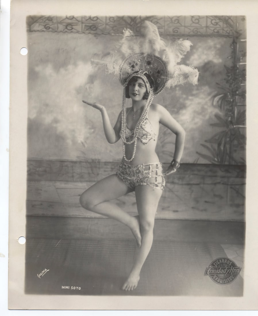 Vintage Artistic Nude Photography "Mimi Soto in Vintage Cabaret Costume: This striking 8x10 inch photograph features the captivating Mimi Soto posed in a lavish cabaret costume. Her outfit is adorned with intricate beadwork and shimmering sequins, complemented by a large,