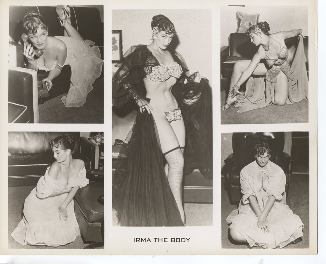 Vintage Artistic Nude Photography " Irma The Body: The photograph measures 8x10 inches and features a set of five poses of a woman named "Irma the Body." Each image captures her in a different theatrical pose, emphasizing a classic burlesque style. Sh