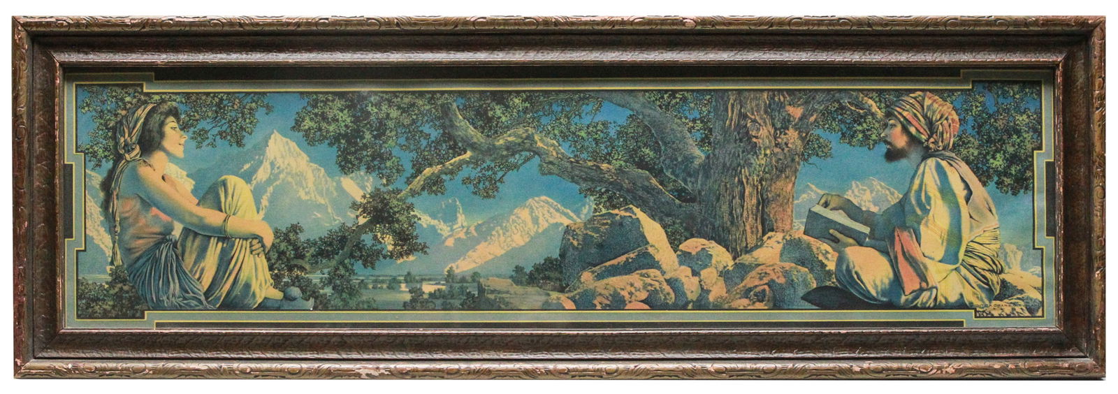 Maxfield Parrish 1917 Rubaiyat Lithograph Print with Hardcover Book: Art Deco era Maxfield Parrish original 1917 lithograph print, "Rubaiyat," comes from the House of Art. Measuring 10.5 x 32.5 inches, it captures the elegance and vibrancy typical of Parrish's work. Th