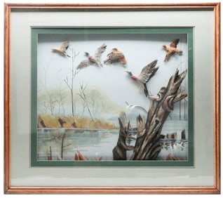 Vintage Framed 3D Feather Art of Ducks in Flight Over Marshlands