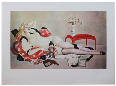 Signed Alberto Vargas 21.5 x 29 in Limited Edition Lithograph – Reclining Woman with Doll