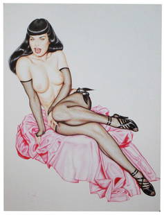 Olivia De Berardinis Estate Signed 1991 Lithograph: This 1991 lithograph by acclaimed pin-up artist Olivia De Berardinis features a stunning portrayal of a seductive female figure draped in pink fabric and adorned with classic fishnet stockings. Measur