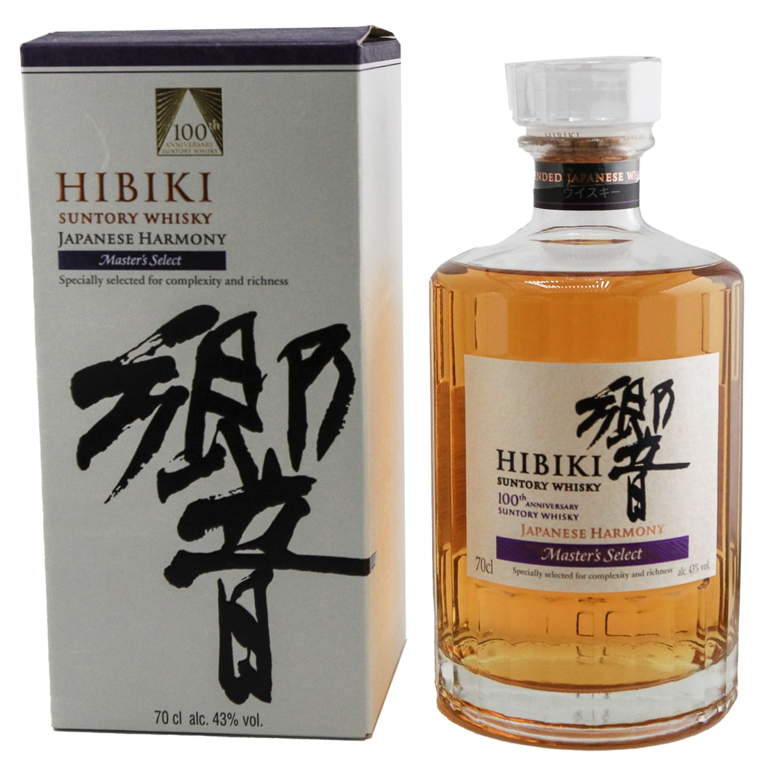 Hibiki Suntory Whisky Japanese Harmony Master's Select 70cl: A bottle of Hibiki Japanese Harmony Master's Select whisky from Suntory, celebrating 100 years of whisky craftsmanship. This limited-edition blend offers a harmonious balance of delicate floral notes,