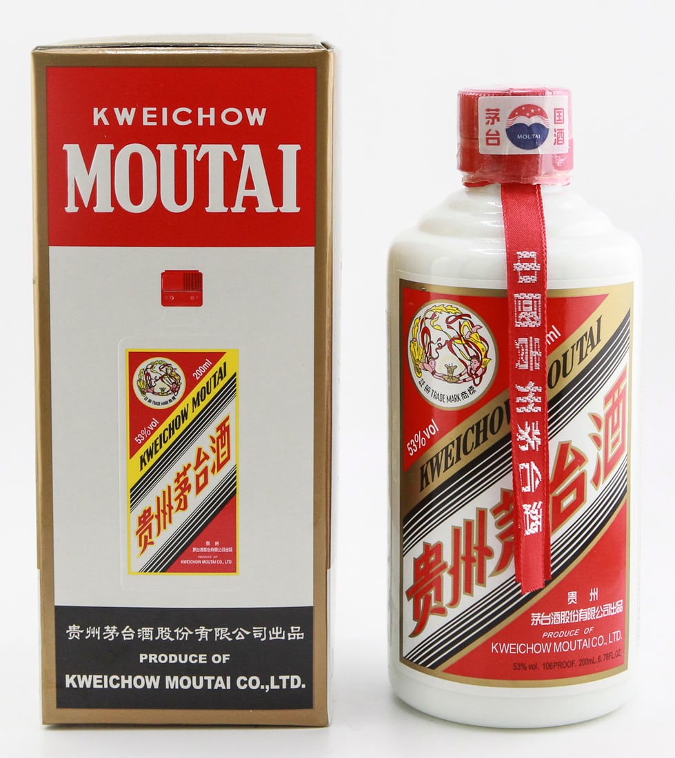 Kweichow Moutai 200ml 53%: A 200ml bottle of the renowned Kweichow Moutai, China's most prestigious and highly sought-after baijiu. Distilled from sorghum and aged to perfection, Moutai is known for its complex aroma and rich u