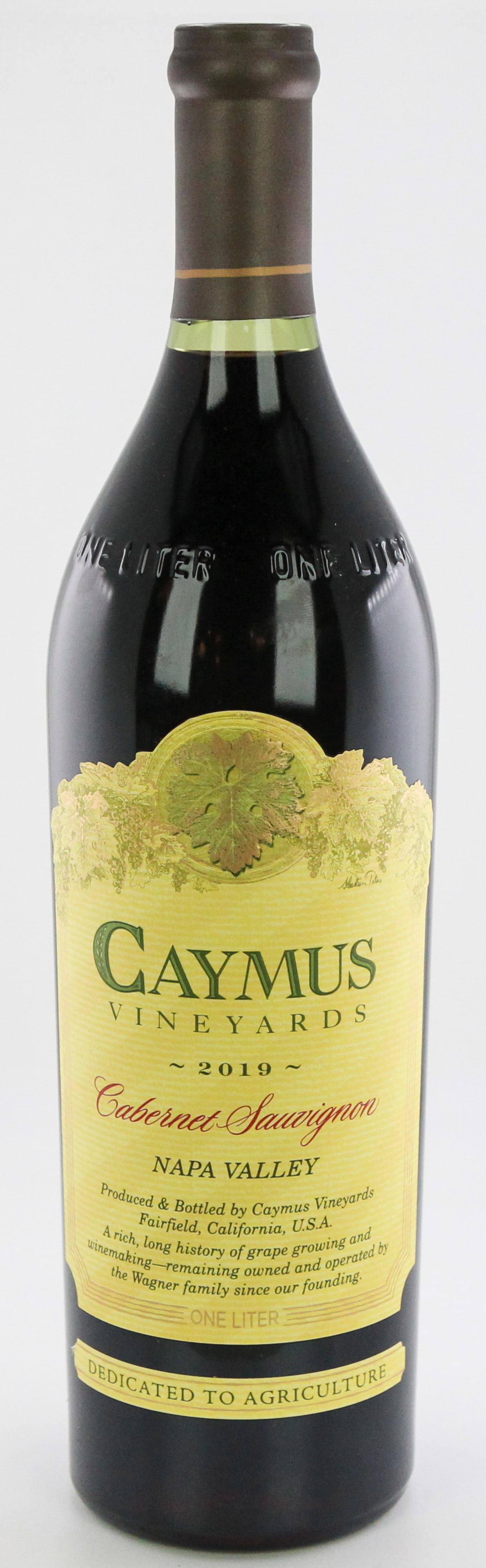 Caymus Vineyards 2019 Napa Valley Cabernet Sauvignon: Caymus Vineyards 2019 Napa Valley Cabernet Sauvignon One Liter. A rich and bold Cabernet Sauvignon from Caymus Vineyards, produced and bottled in Fairfield, California. This wine showcases the depth a