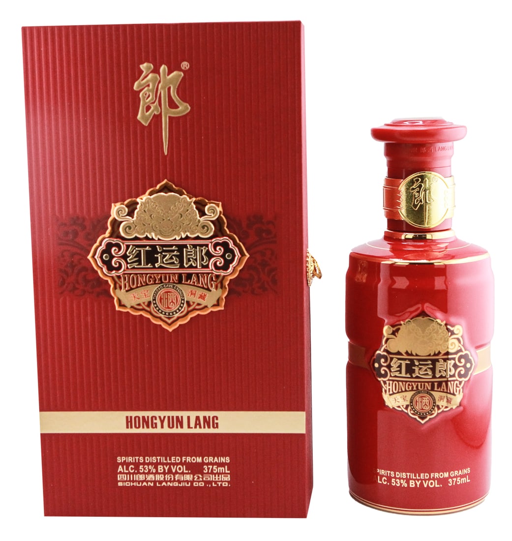 Hongyun Lang 375ml 53%: A 375ml bottle of Hongyun Lang, a premium Chinese baijiu from Sichuan Langjiu Co., Ltd. This spirit, distilled from grains, boasts an alcohol content of 53% and is housed in an elegant red and gold bo