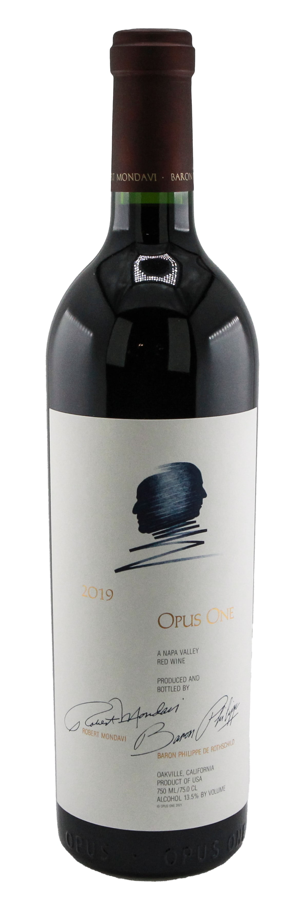 Opus One 2019 Napa Valley Red Wine 750ml: A distinguished bottle of 2019 Opus One Napa Valley red wine, a collaboration between Baron Philippe de Rothschild and Robert Mondavi. This Bordeaux-style blend presents refined flavors of dark fruit,