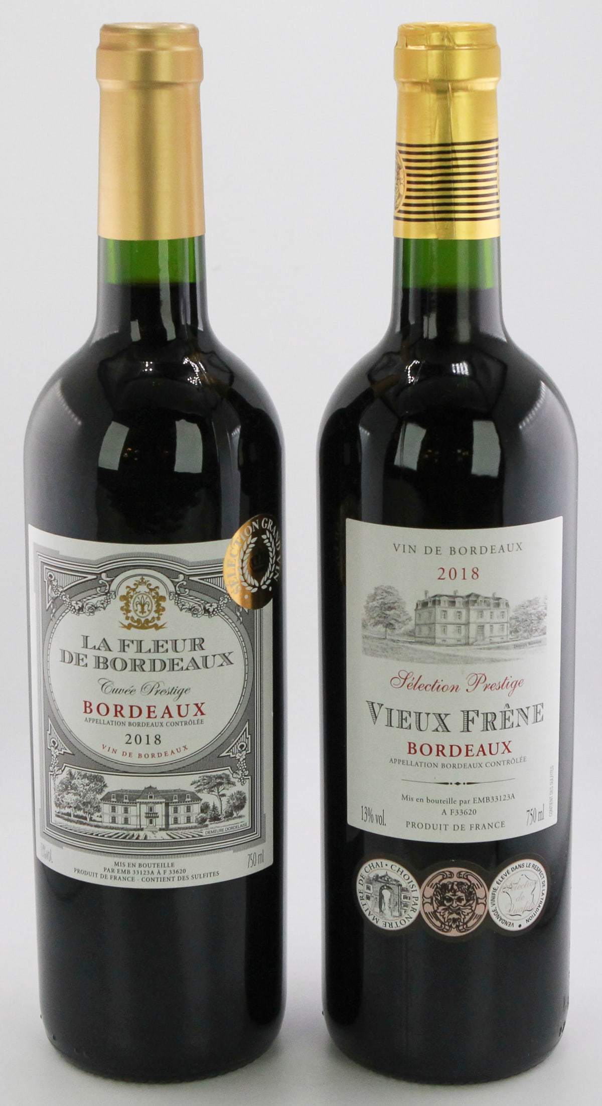 Lot of 2 Bordeaux Wines/La Fleur de Bordeaux 2018 & Vieux Frêne Bordeaux 2018: A refined selection of Bordeaux wines. La Fleur de Bordeaux 2018 Cuvée Prestige delivers classic Bordeaux character with rich fruit and structured tannins. Vieux Frêne Bordeaux 2018 offers a balance