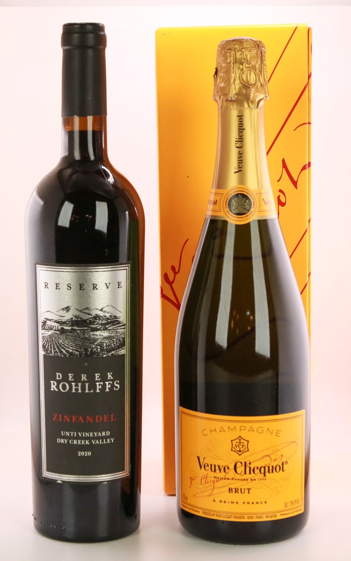 Lot of 2 Wines/Derek Rohlffs Reserve Zinfandel 2020 & Veuve Clicquot Brut Champagne: A dynamic wine pairing featuring Derek Rohlffs Reserve Zinfandel 2020 from the Unti Vineyard in Dry Creek Valley, offering rich berry flavors with spice and complexity, alongside Veuve Clicquot Brut C