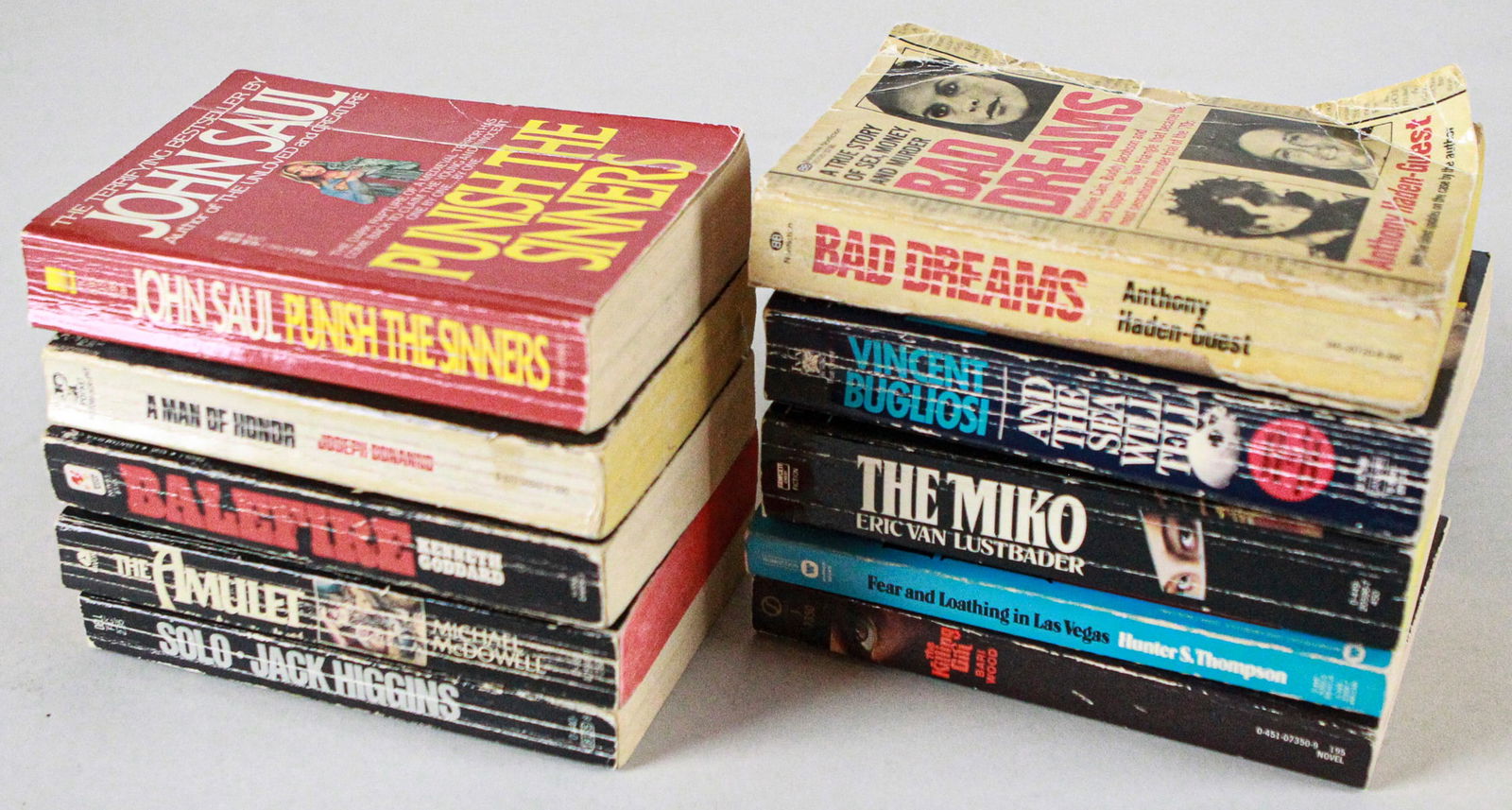 Lot of 10 Mixed Fiction and Non-Fiction Books: A diverse collection of ten books, featuring Punish the Sinners by John Saul, Bad Dreams by Anthony Haden-Guest, A Man of Honor by Joseph Bonanno, Balefire by Kenneth Goddard, The Amulet by Michael Mc