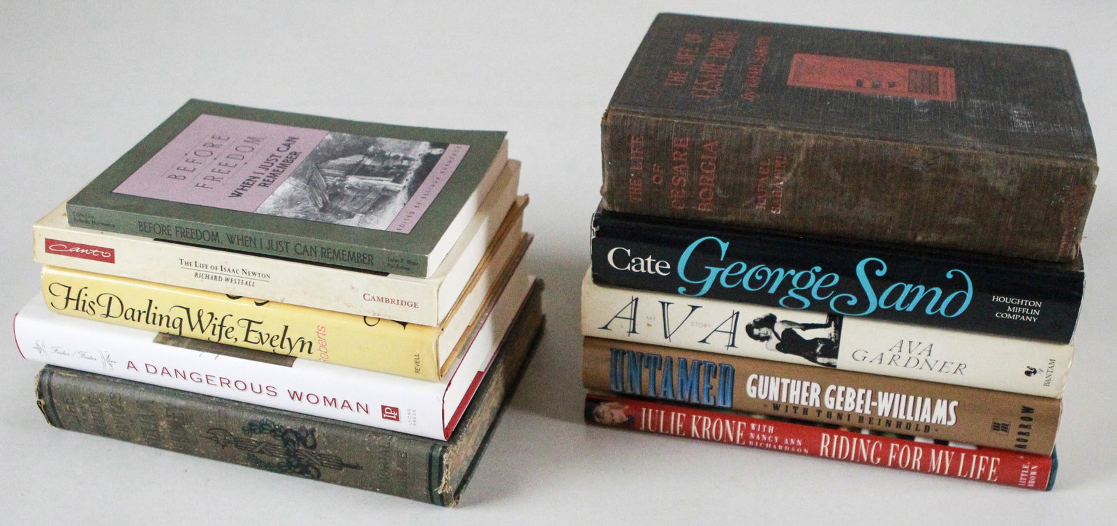 Lot of 10 Biographies and Historical Books: This collection includes ten books featuring notable historical figures, memoirs, and biographies. Titles include Before Freedom: When I Just Can Remember, The Life of Isaac Newton by Richard Westfall