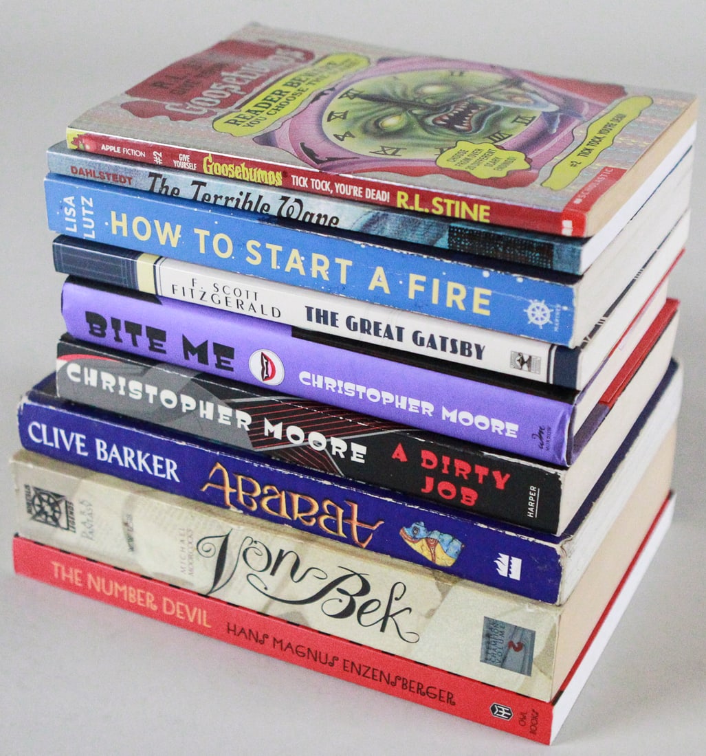 Lot of 9 Books Fiction, Fantasy, and Classics: This collection includes nine books spanning fiction, fantasy, and classics. Titles featured are Goosebumps: Tick Tock, You're Dead! by R.L. Stine, The Terrible Wave by Lisa Lutz, How to Start a Fire,
