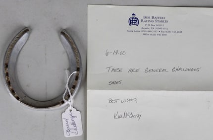 General Challenge Race-Worn Horseshoe with Bob Baffert Racing Stables Letter