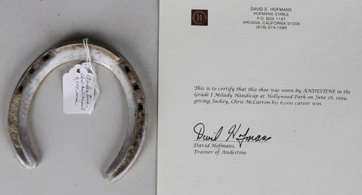 Andestine Race Worn Horseshoe with Trainer David Hofmans Signed Letter
