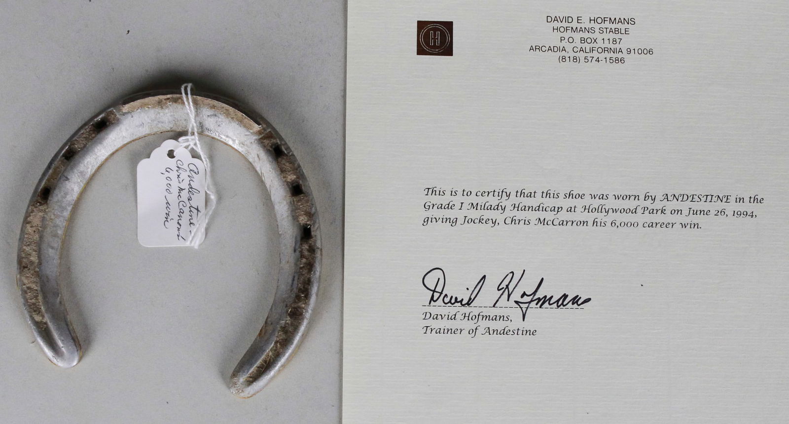 Andestine Race Worn Horseshoe with Trainer David Hofmans Signed Letter (1 of 2)