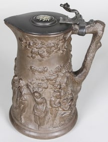 Antique Pewter Lidded Stein with Village Scene Relief