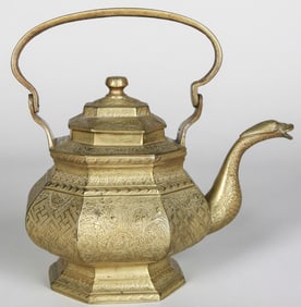 Antique Brass Engraved Teapot with Serpent Spout