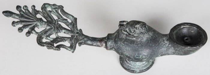 Antique Bronze Oil Lamp with Ornate Handle