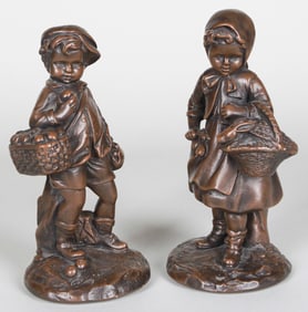 Pair of Hand Carved Wood Figurines of a Boy and Girl
