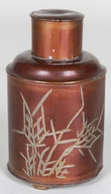 ntique Chinese Copper Tea Caddy with Calligraphy