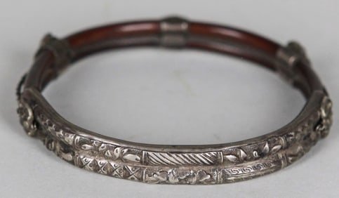 Antique Wood and Silver Bracelet