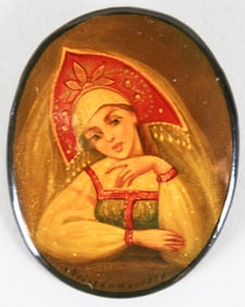 Vintage Russian Hand-Painted Lacquer Brooch