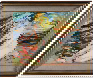 Alexander Grigoryan / Armenian artist: This is an expressive oil on canvas painting by renowned Armenian artist Alexander Grigoryan, dated 1985. The painting, depicting a dynamic, colorful scene, measures 18 x 23 inches, and is set in a fr
