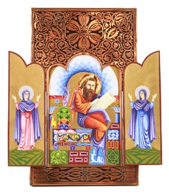 Late 19th Century Armenian Icon Triptych with Intricate Copper Detailing