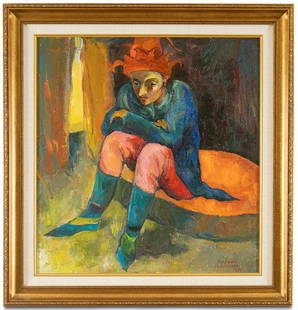 Rafael Petrosian / Armenian artist: An expressive oil on canvas painting, measuring 18.5 x 17.5 inches, by Rafael Petrosian. This captivating piece portrays a solitary figure in a harlequin-like outfit, seated with a contemplative expre