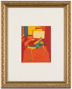 K. Smbatyan / Armenian artist: A bold and vibrant oil on board painting by Smbatyan, measuring 6.5 x 4.5 inches, featuring expressive brushstrokes and a striking use of color. The abstract composition centers around a molbert (ease