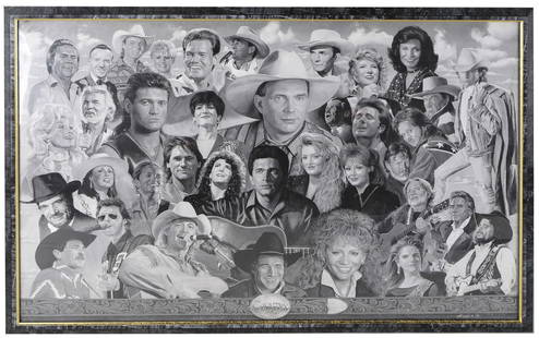 Signed Framed Poster/Country Music Collage: This signed and framed poster features a detailed black-and-white collage of iconic country music legends. Measuring 26 x 37.5 inches, the artwork captures a stunning array of legendary figures in cou