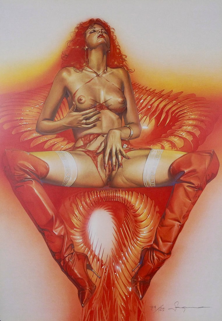 Sorayama Erotic Lithograph / Red Boots Woman: Erotic lithograph by renowned Japanese artist Hajime Sorayama, featuring a provocative female figure with fiery red hair and red thigh-high boots, posed against an abstract, surreal organic backdrop i